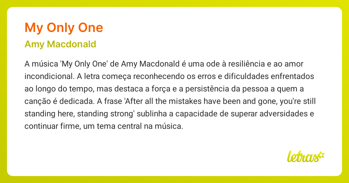 Significado da música MY ONLY ONE (Amy Macdonald) - LETRAS.MUS.BR