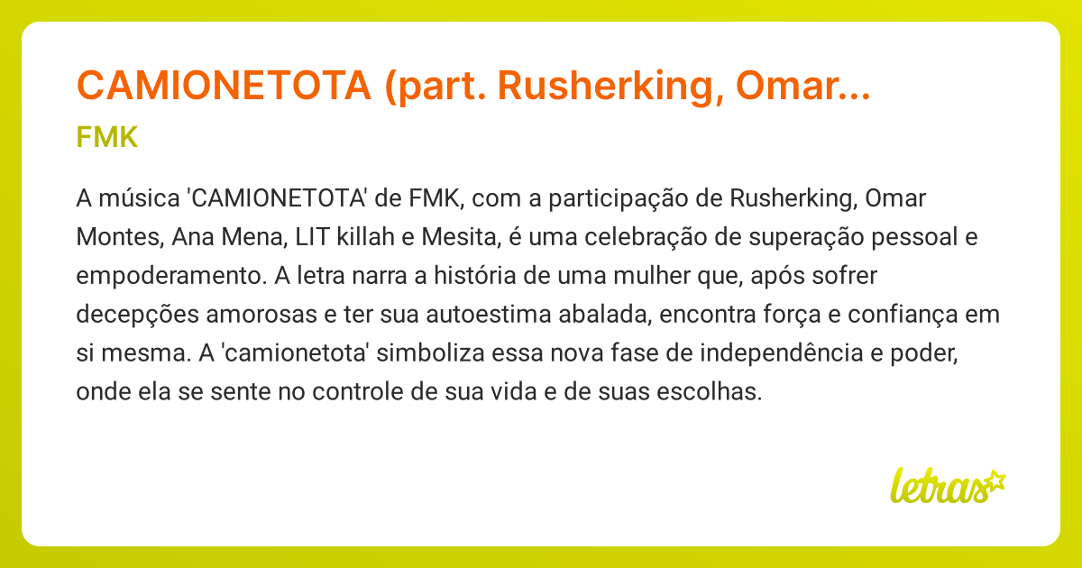 Significado da música CAMIONETOTA (part. Rusherking, Omar Montes, Ana ...