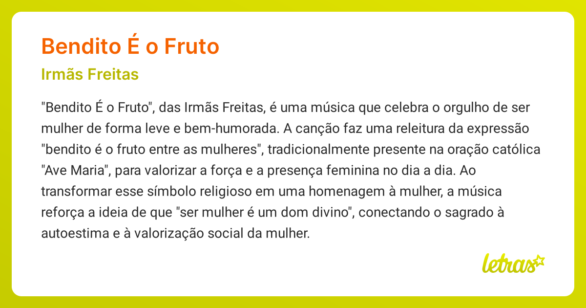 Significado da música BENDITO É O FRUTO (Irmãs Freitas) - LETRAS.MUS.BR