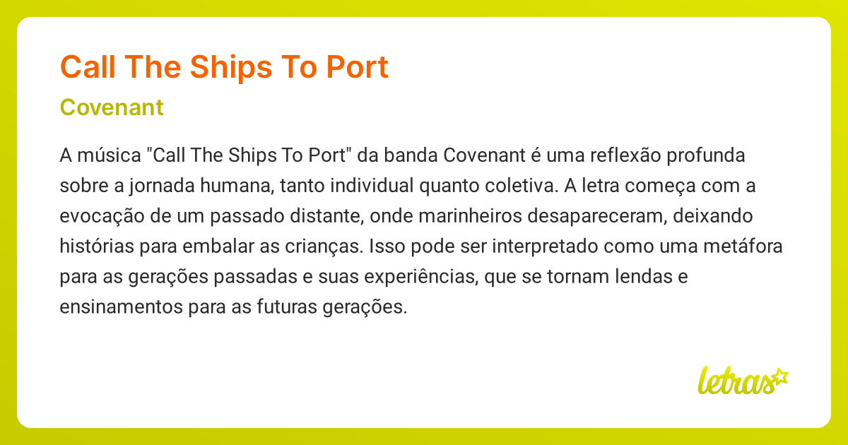 Significado da música CALL THE SHIPS TO PORT (Covenant) - LETRAS.MUS.BR