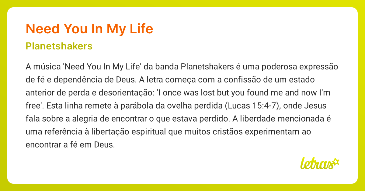 Significado da música NEED YOU IN MY LIFE (Planetshakers) - LETRAS