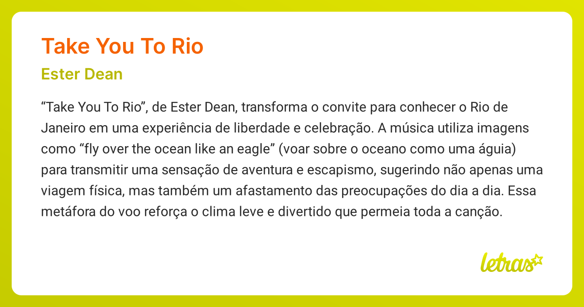 Significado da música TAKE YOU TO RIO (Ester Dean) - LETRAS.MUS.BR