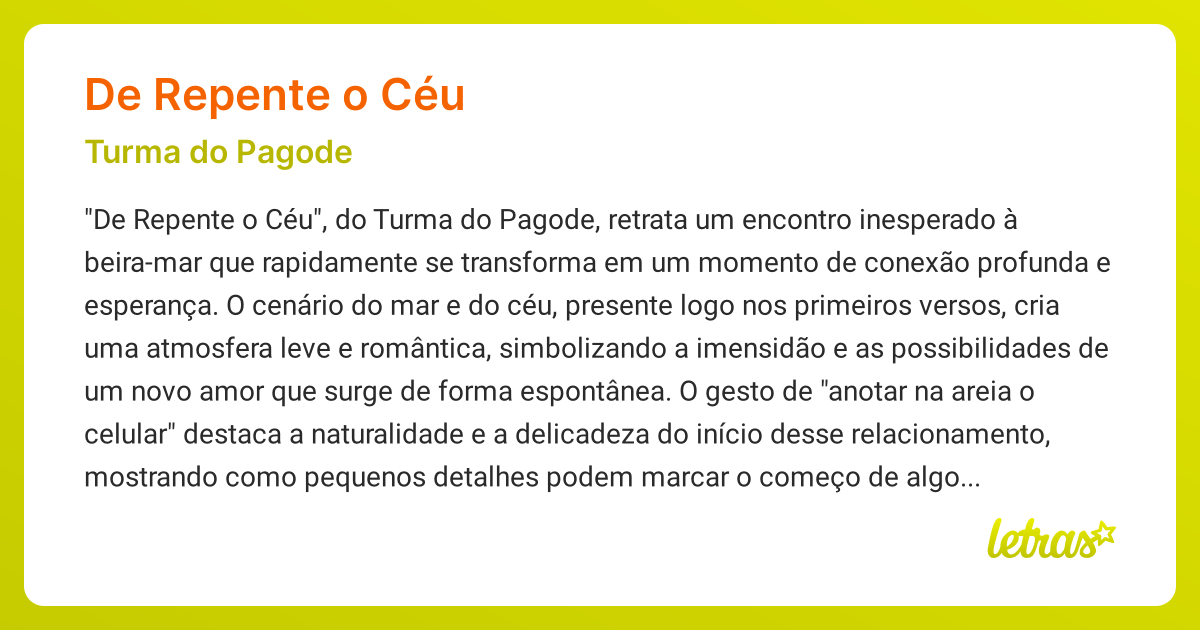 Significado da música DE REPENTE O CÉU (Turma do Pagode) - LETRAS.MUS.BR