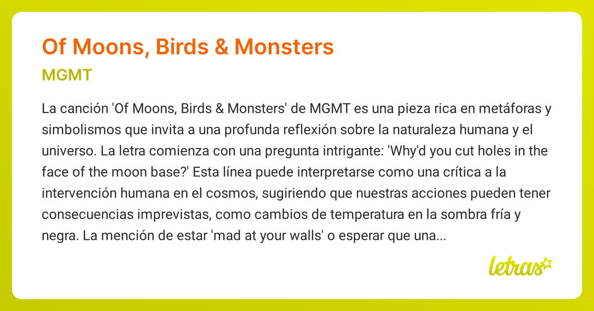 Significado de la cancin OF MOONS, BIRDS & MONSTERS (MGMT) - LETRAS.COM