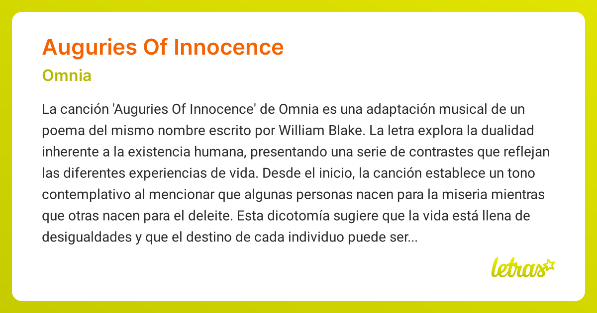 Significado de la canción AUGURIES OF INNOCENCE (Omnia) - LETRAS.COM