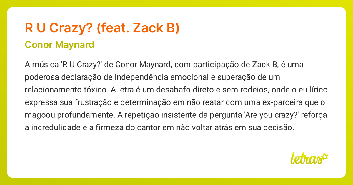 Significado da música R U CRAZY? (FEAT. ZACK B) (Conor Maynard ...