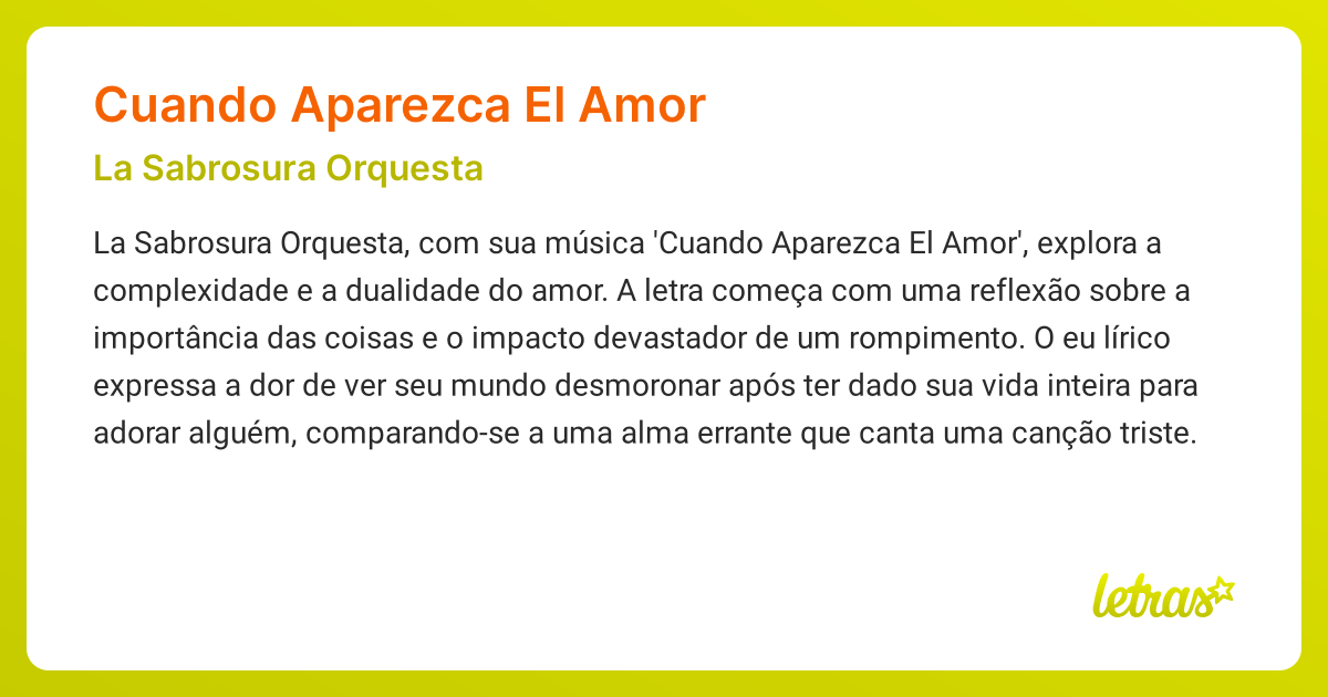 Significado da música CUANDO APAREZCA EL AMOR (La Sabrosura Orquesta ...