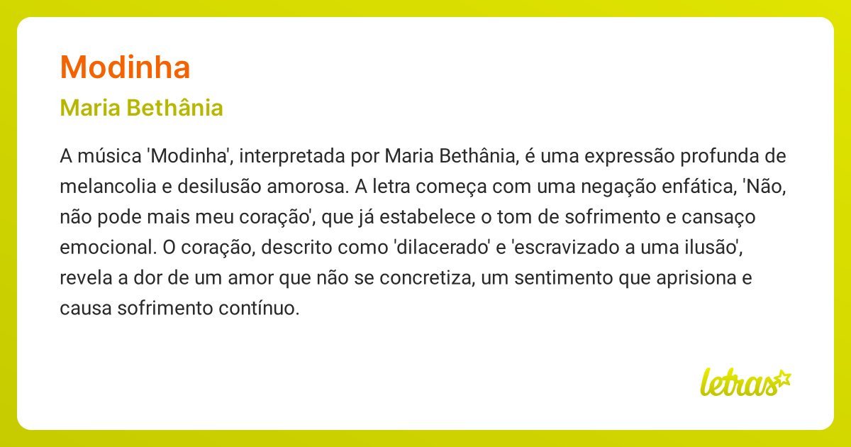Significado da música MODINHA (Maria Bethânia) - LETRAS.MUS.BR