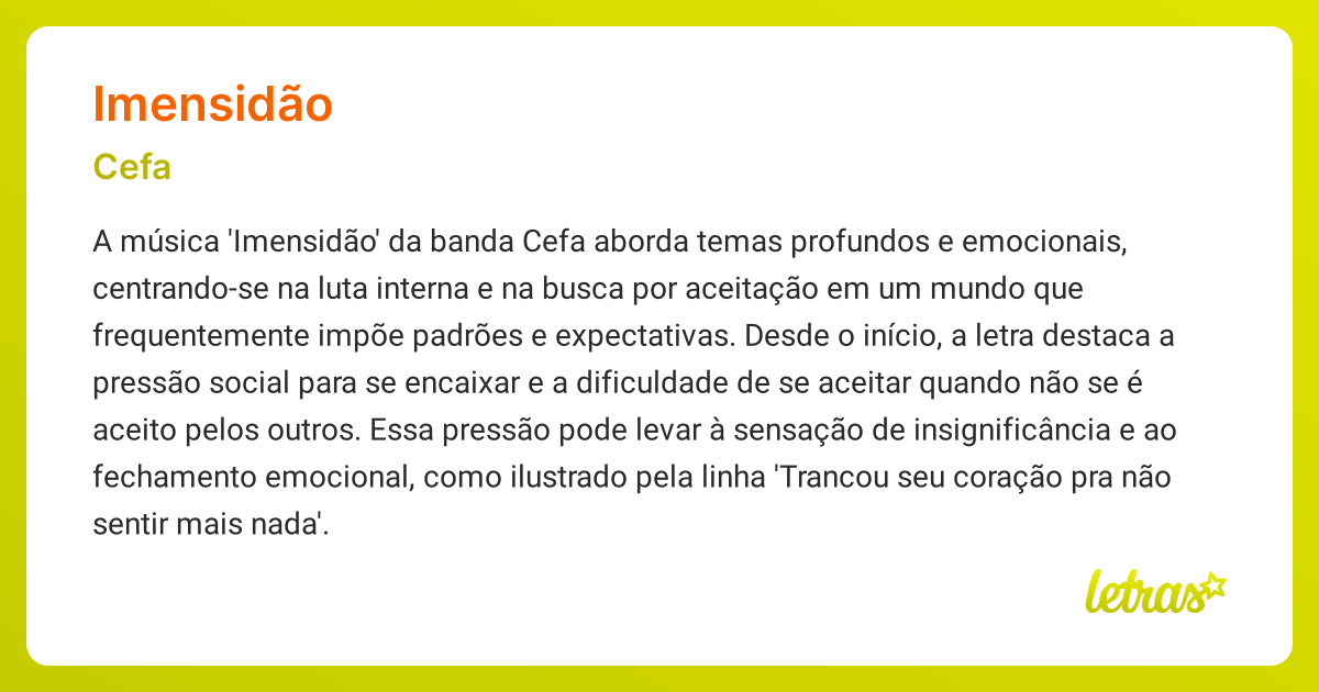 Significado da música IMENSIDÃO (Cefa) - LETRAS.MUS.BR
