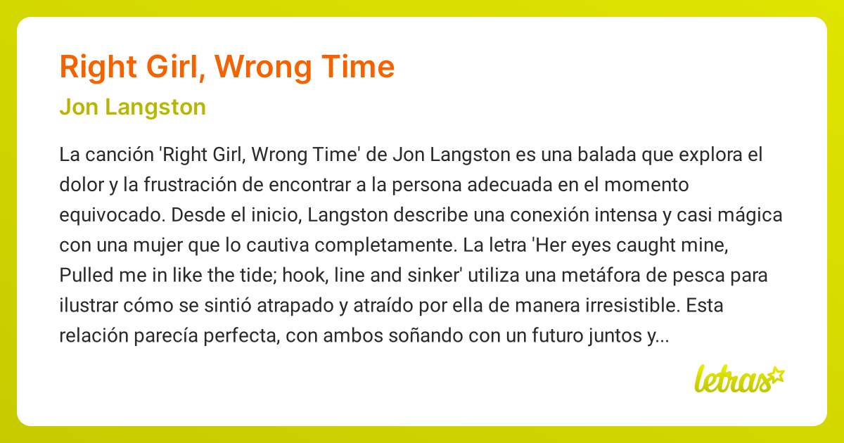 Significado de la canción RIGHT GIRL, WRONG TIME (Jon Langston ...