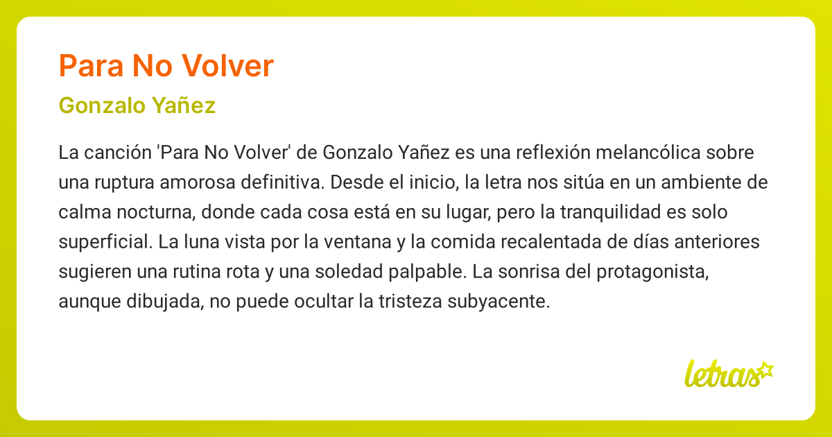 Significado de la canción PARA NO VOLVER (Gonzalo Yañez) - LETRAS.COM