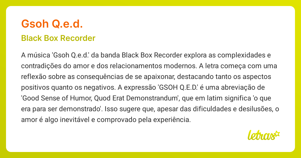 Significado da música GSOH Q.E.D. (Black Box Recorder) - LETRAS.MUS.BR