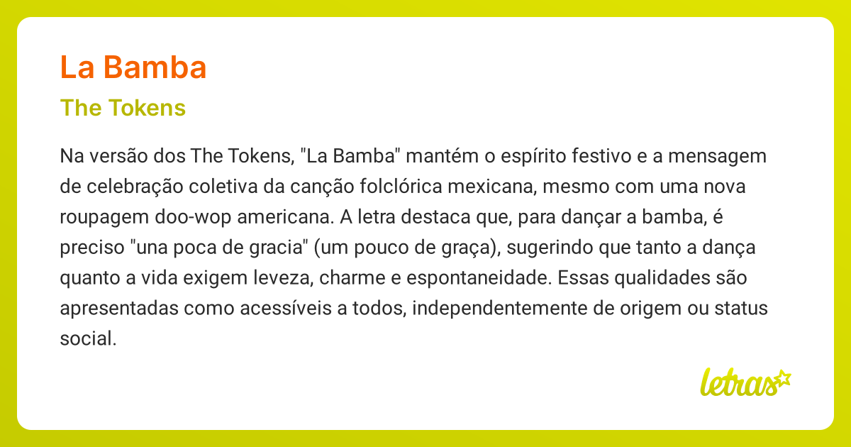 Significado da música LA BAMBA (The Tokens) - LETRAS.MUS.BR