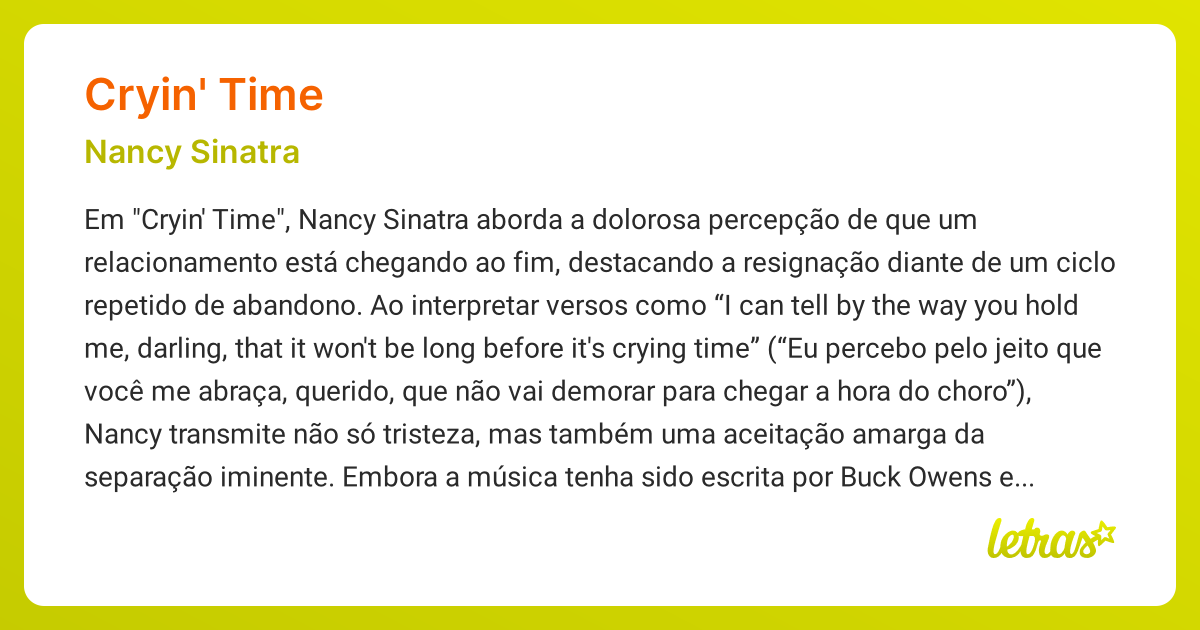 Significado da música CRYIN' TIME (Nancy Sinatra) - LETRAS.MUS.BR