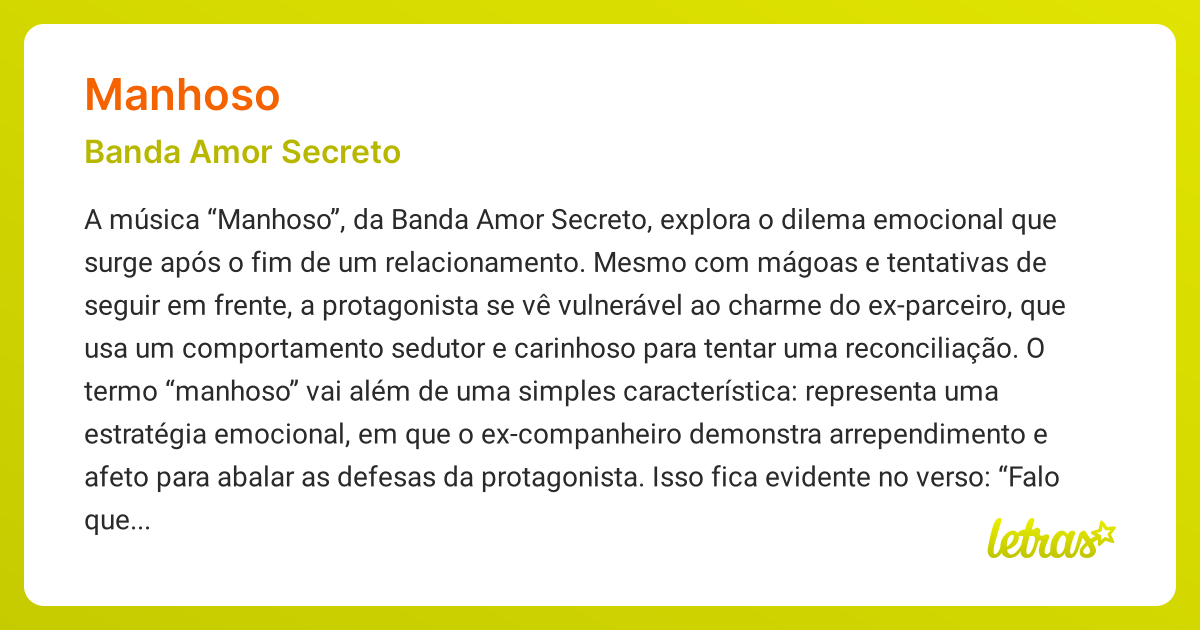 Significado da música MANHOSO (Banda Amor Secreto) - LETRAS.MUS.BR