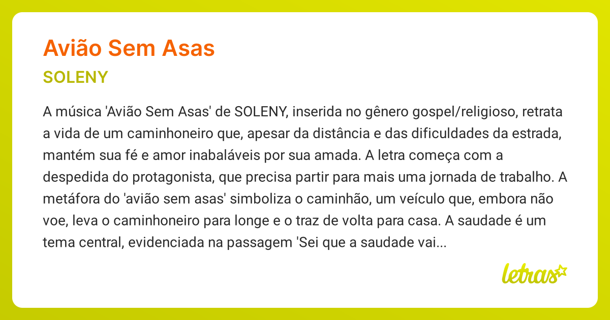 Significado da música AVIÃO SEM ASAS (SOLENY) - LETRAS.MUS.BR