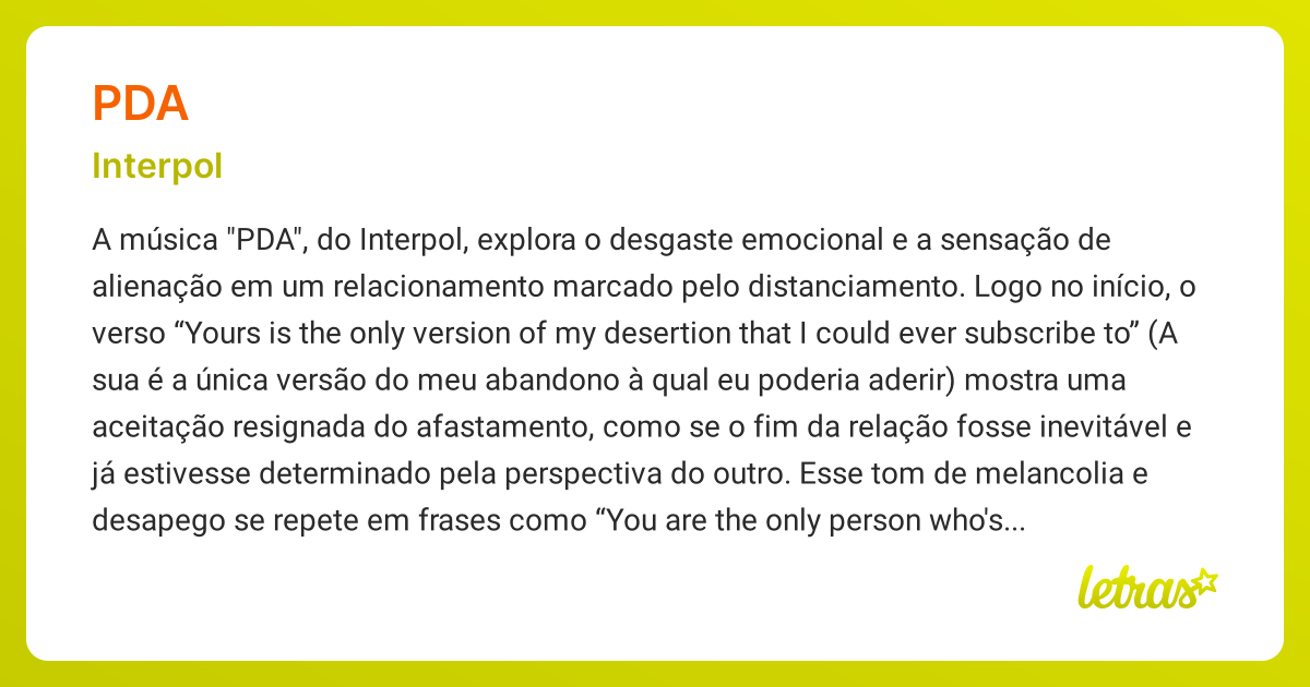 Significado da música PDA (Interpol) LETRAS.MUS.BR