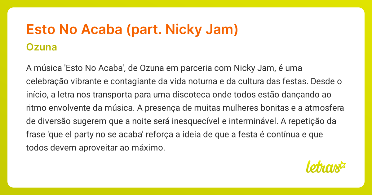 Significado da música Esto No Acaba (part. Nicky Jam) (Ozuna) - LETRAS ...
