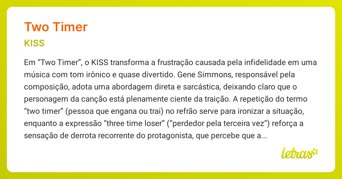 Significado da música TWO TIMER (KISS) - LETRAS.MUS.BR