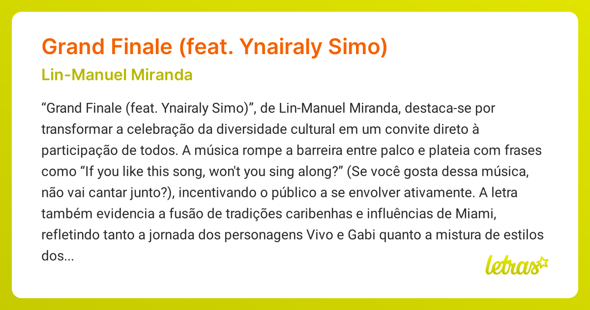 Significado Da Música Grand Finale Feat Ynairaly Simo Lin Manuel 