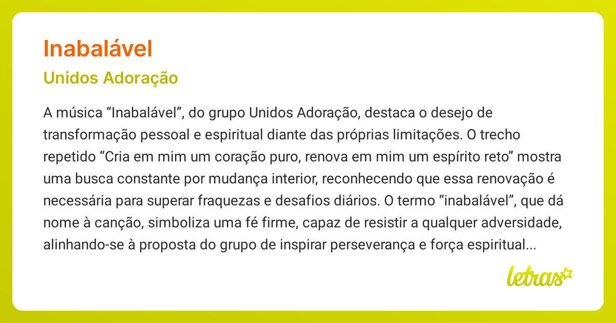 Significado da música INABALÁVEL (Unidos Adoração) - LETRAS.MUS.BR