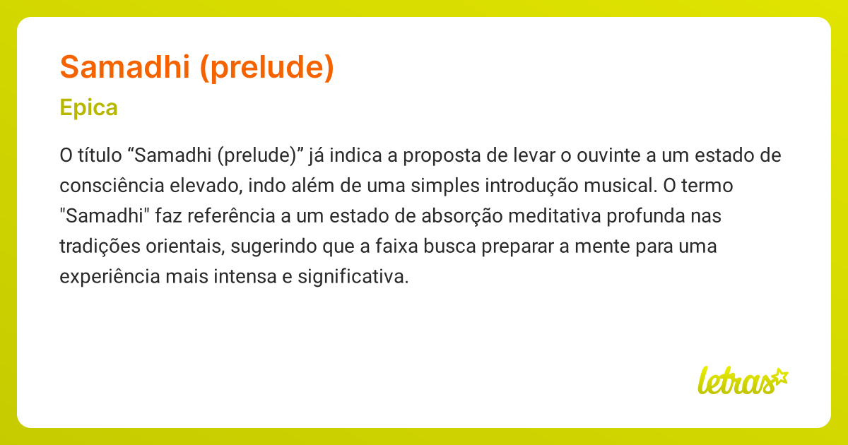 Significado da música SAMADHI (PRELUDE) (Epica) - LETRAS.MUS.BR