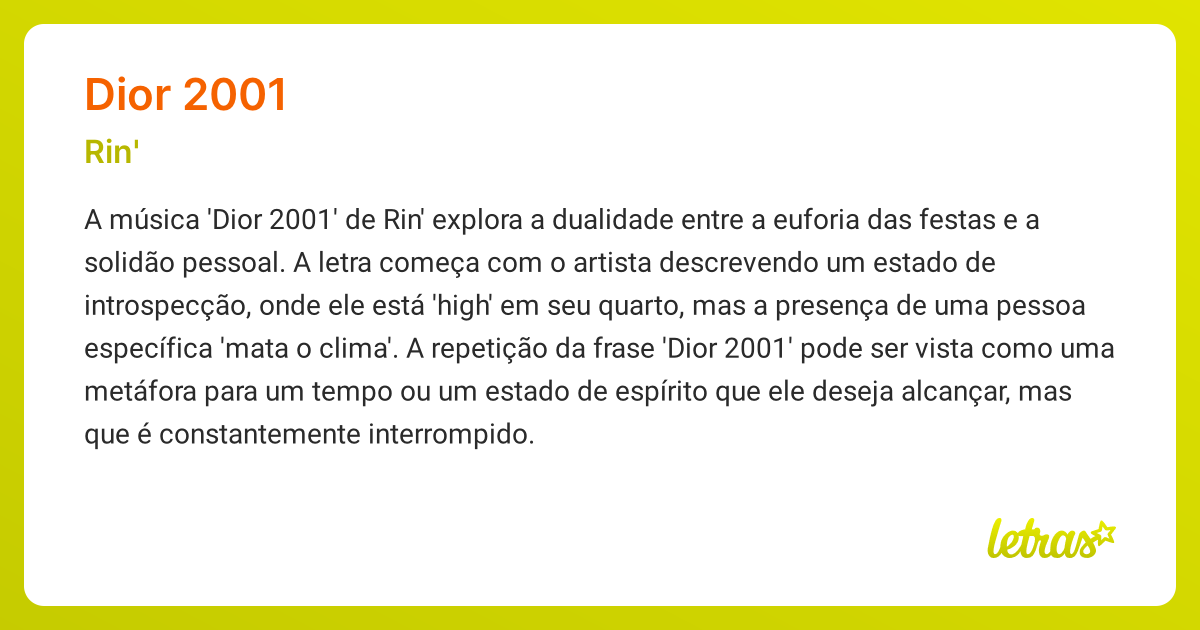 Significado da música DIOR 2001 (Rin') - LETRAS.MUS.BR
