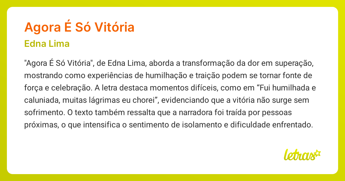 Significado da música AGORA É SÓ VITÓRIA (Edna Lima) - LETRAS.MUS.BR