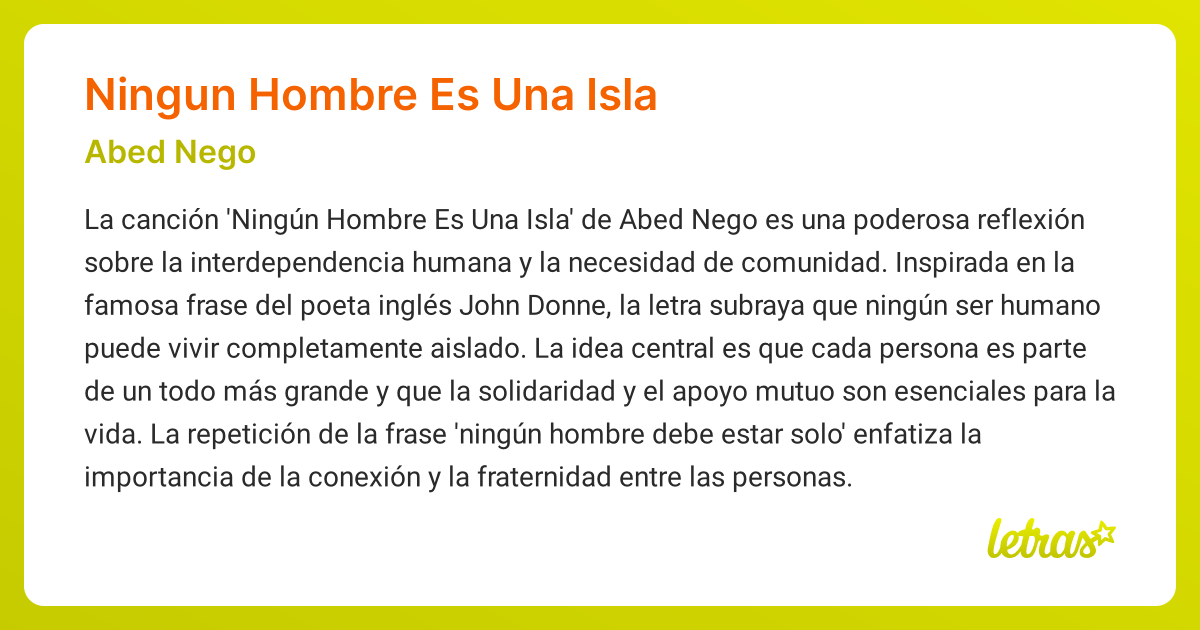 Significado de la canción NINGUN HOMBRE ES UNA ISLA (Abed Nego ...