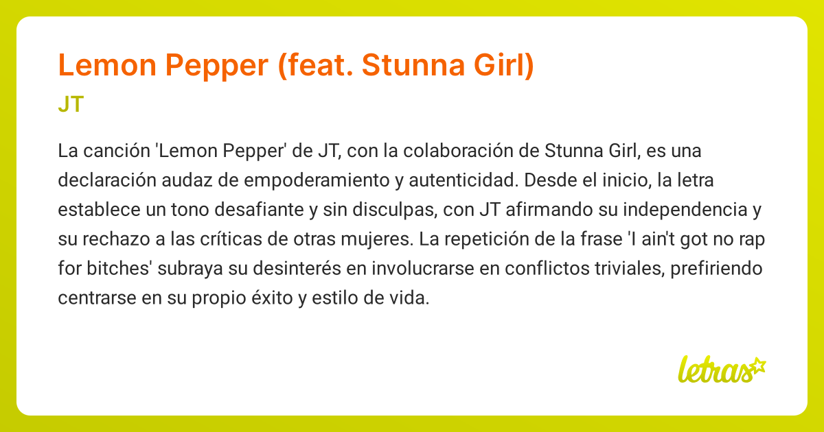 Significado de la canción Lemon Pepper (feat. Stunna Girl) (JT ...