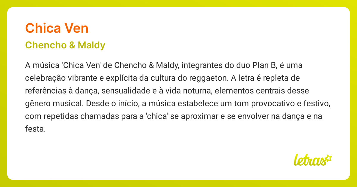 Significado da música CHICA VEN (Chencho & Maldy) - LETRAS.MUS.BR