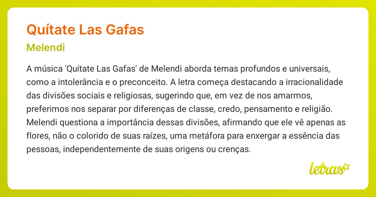 Significado da música QUÍTATE LAS GAFAS (Melendi) LETRAS.MUS.BR