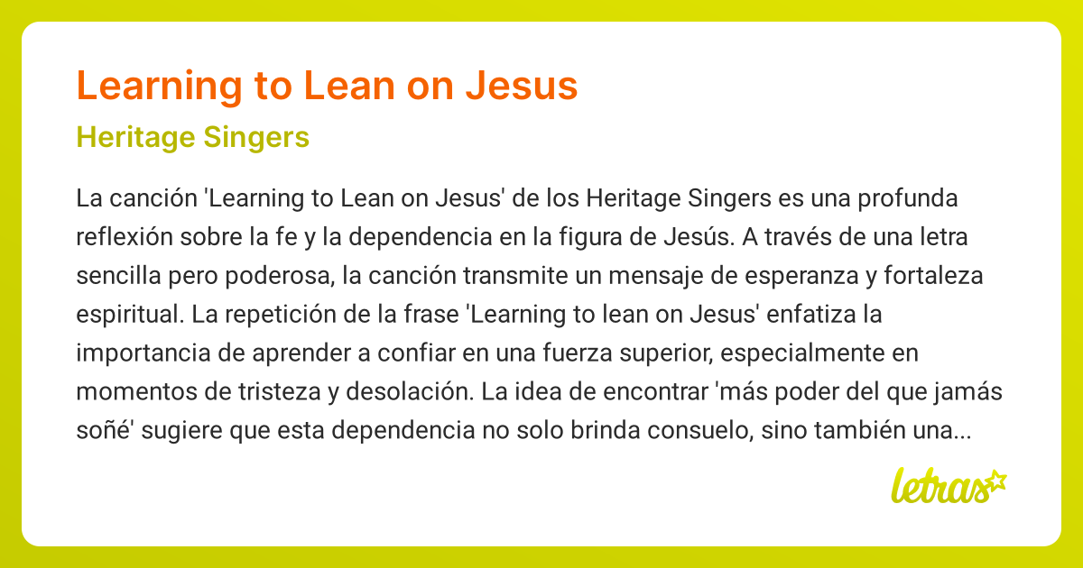 Significado de la canción LEARNING TO LEAN ON JESUS (Heritage Singers ...