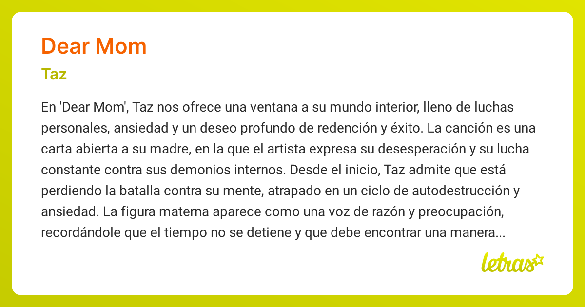 Significado de la canción DEAR MOM (Taz) - LETRAS.COM