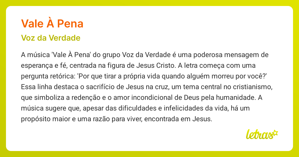 Significado da música VALE À PENA (Voz da Verdade) - LETRAS.MUS.BR