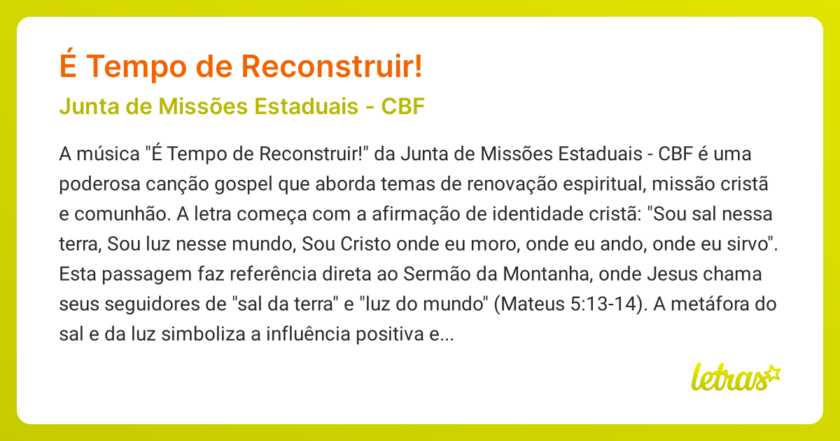 Significado da música É TEMPO DE RECONSTRUIR! (Junta de Missões ...