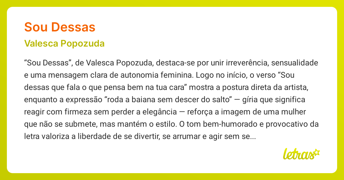 Significado da música SOU DESSAS (Valesca Popozuda) - LETRAS.MUS.BR