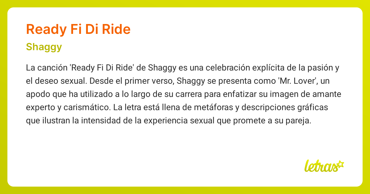 Significado de la canción READY FI DI RIDE (Shaggy) - LETRAS.COM