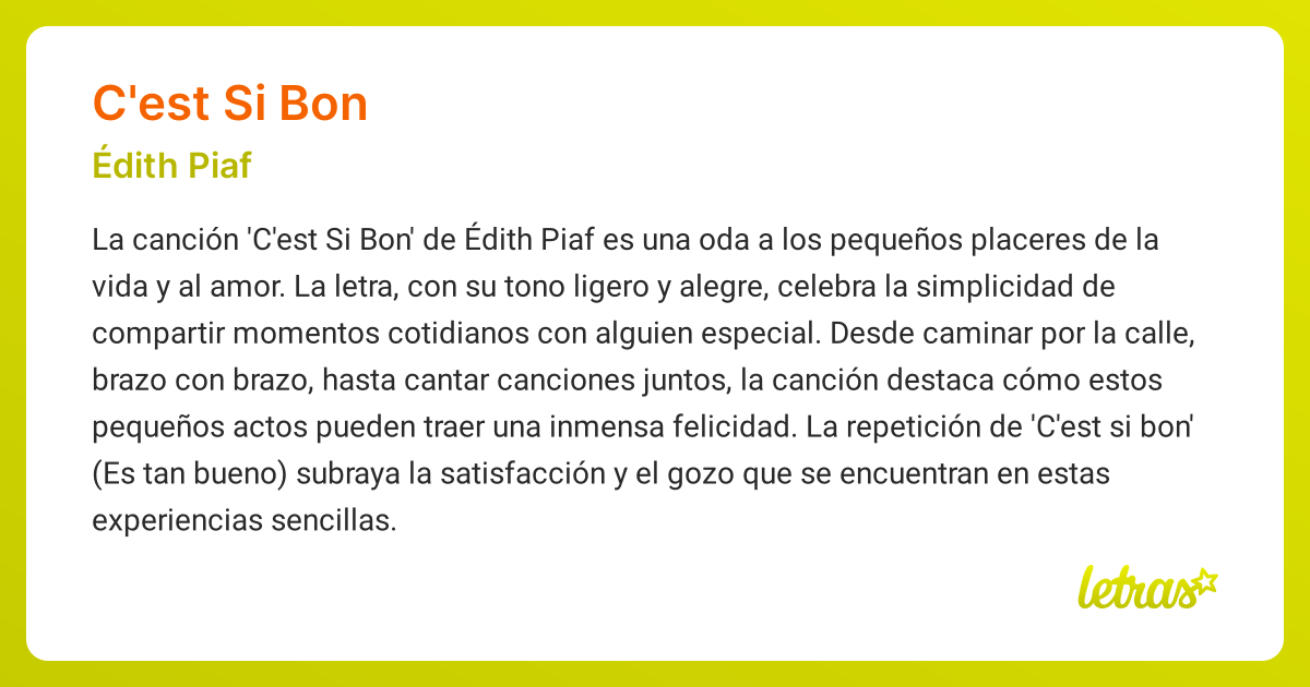Significado de la canción C'EST SI BON (Édith Piaf) - LETRAS.COM