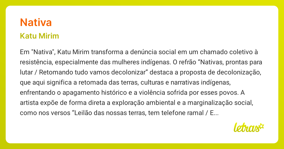 Significado da música NATIVA (Katu Mirim) - LETRAS.MUS.BR