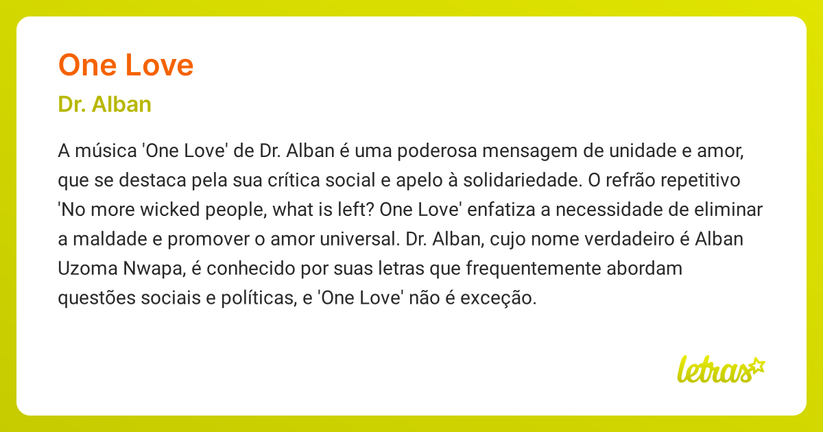 Significado da música ONE LOVE (Dr. Alban) - LETRAS.MUS.BR