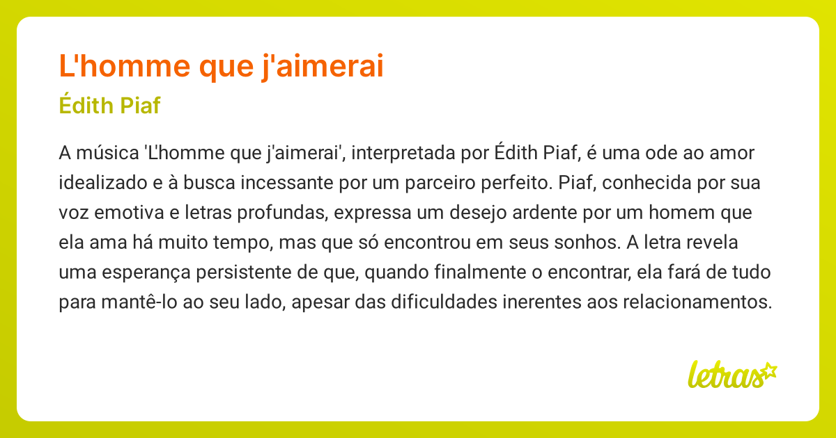 Significado da música L'HOMME QUE J'AIMERAI (Édith Piaf) - LETRAS.MUS.BR