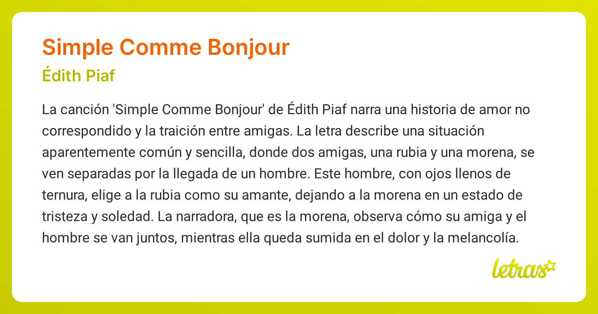 Significado de la canción SIMPLE COMME BONJOUR (Édith Piaf) - LETRAS.COM