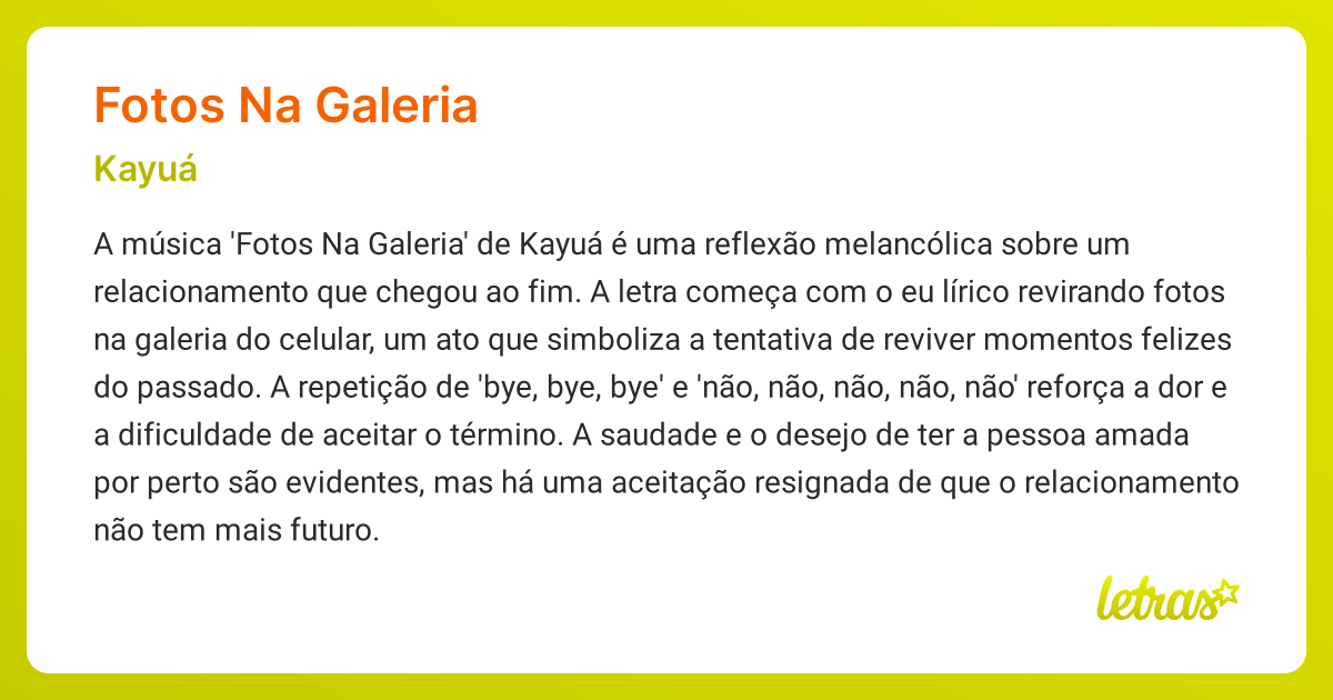 Significado da música FOTOS NA GALERIA (Kayuá) - LETRAS.MUS.BR
