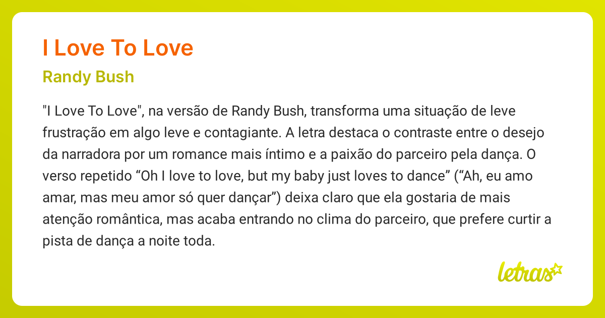 Significado da música I LOVE TO LOVE (Randy Bush) - LETRAS.MUS.BR
