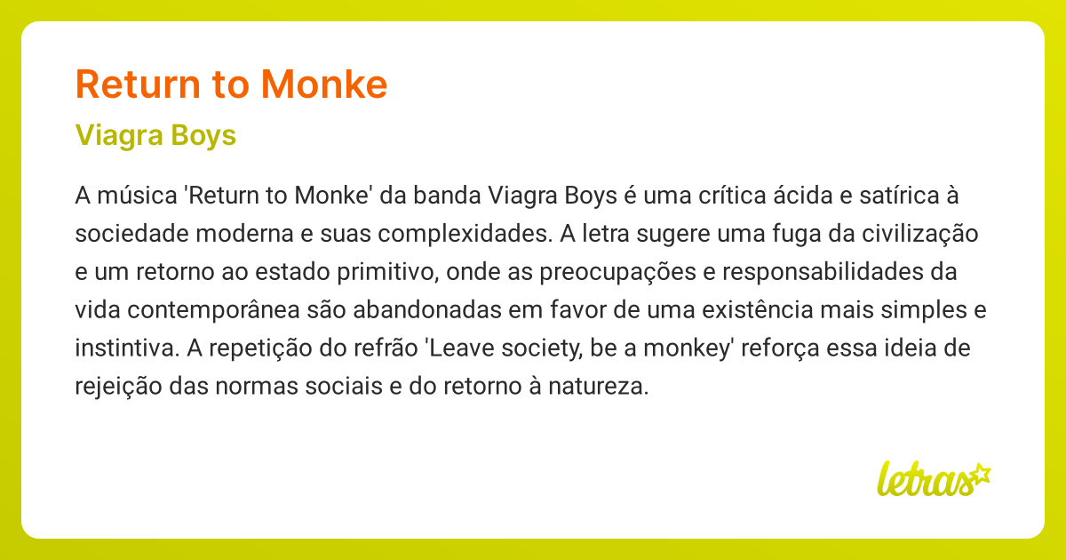 Significado da música RETURN TO MONKE (Viagra Boys) - LETRAS.MUS.BR