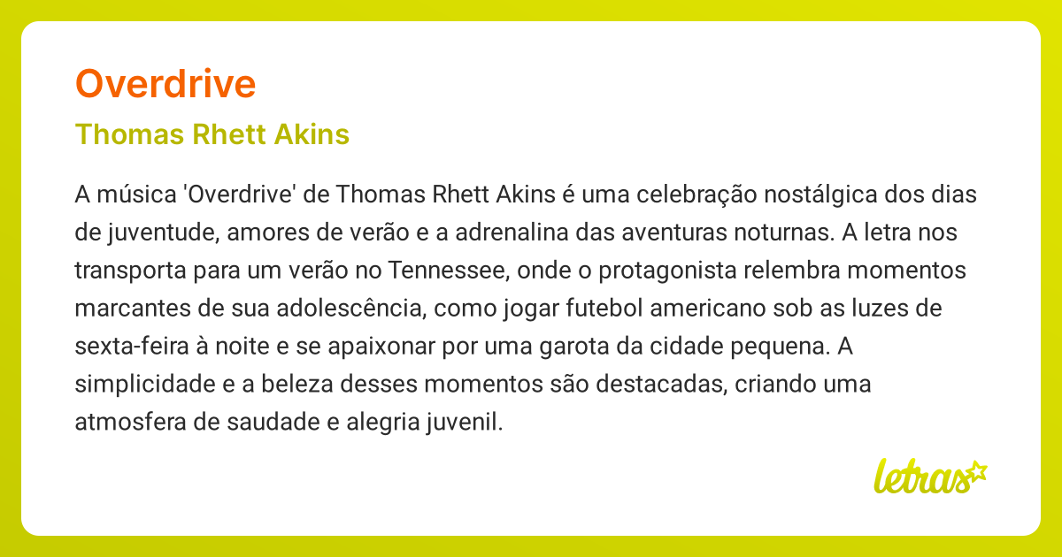 Significado da música OVERDRIVE (Thomas Rhett Akins) - LETRAS.MUS.BR