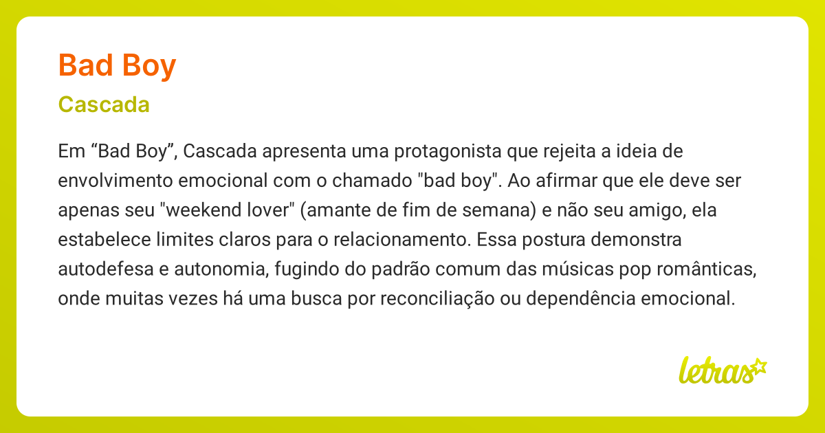 Significado da música BAD BOY (Cascada) - LETRAS.MUS.BR