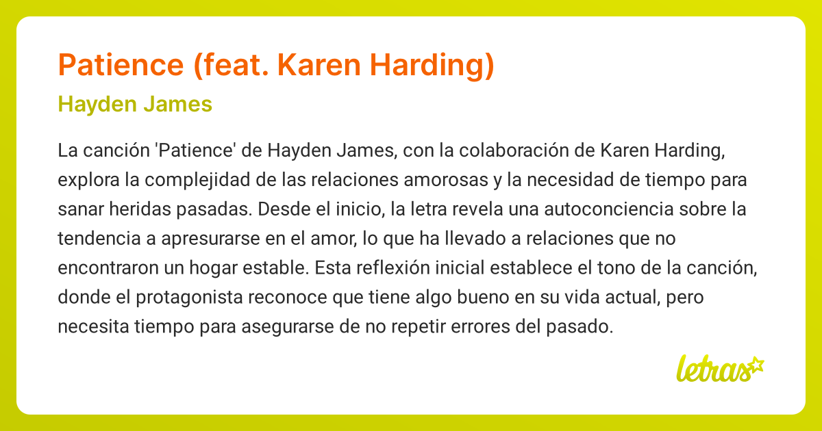 Significado de la canción PATIENCE (FEAT. KAREN HARDING) (Hayden James ...