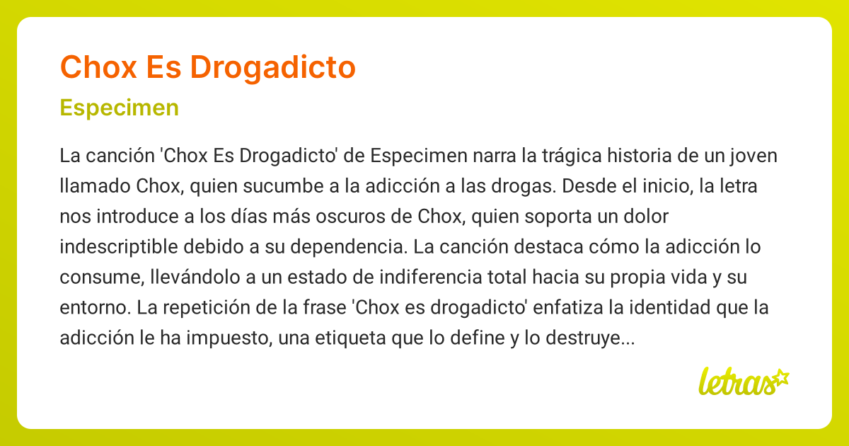 Significado de la canción CHOX ES DROGADICTO (Especimen) - LETRAS.COM